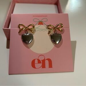 gold and silver heart and bow earrings